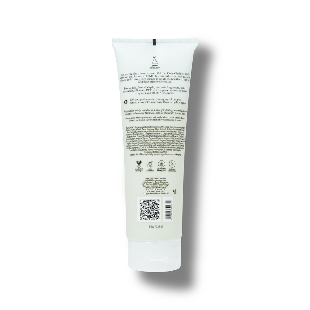 Tube of Kelp & Mint shampoo on a white background