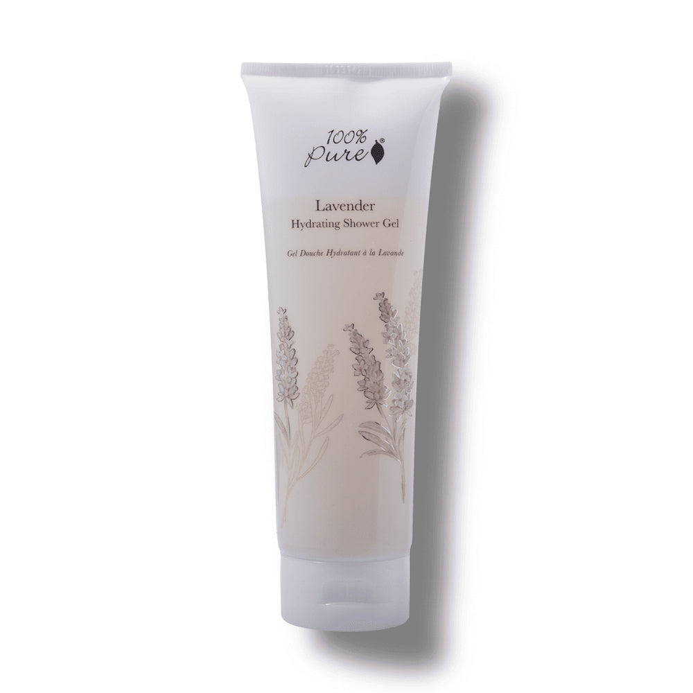 A white squeeze tube of 100% Pure Lavender Hydrating Shower Gel, featuring lavender illustrations on the front, set against a plain white background with a soft shadow.