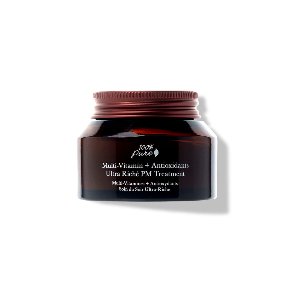 100% PURE Multi-Vitamin + Antioxidants Ultra Riché PM Cream in a 1.5 oz jar, luxurious night cream with vitamins A, C, D3, E, and K2 for deeply hydrated, youthful skin.