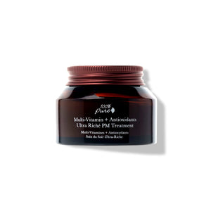 100% PURE Multi-Vitamin + Antioxidants Ultra Riché PM Cream in a 1.5 oz jar, luxurious night cream with vitamins A, C, D3, E, and K2 for deeply hydrated, youthful skin.