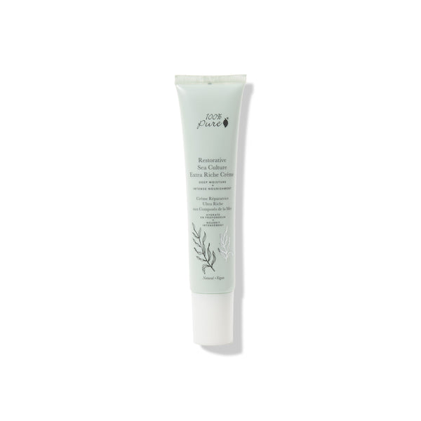 100% PURE Restorative Sea Culture Extra Riche Créme in a 1.4 fl oz jar, rich moisturizing cream with sea minerals, vitamins, and seaweed polysaccharides for deeply hydrated, nourished skin.