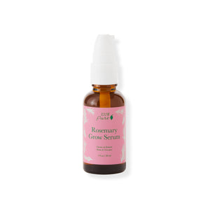 Rosemary Grow Serum bottle with pink label on a white background