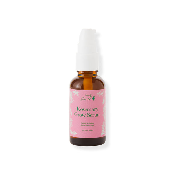 Rosemary Grow Serum bottle with pink label on a white background