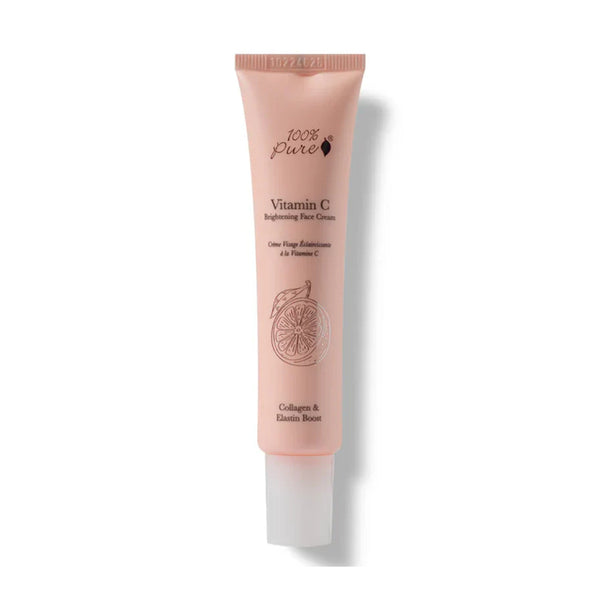 Pink tube of 100% Pure Vitamin C Brightening Face Cream on a white background
