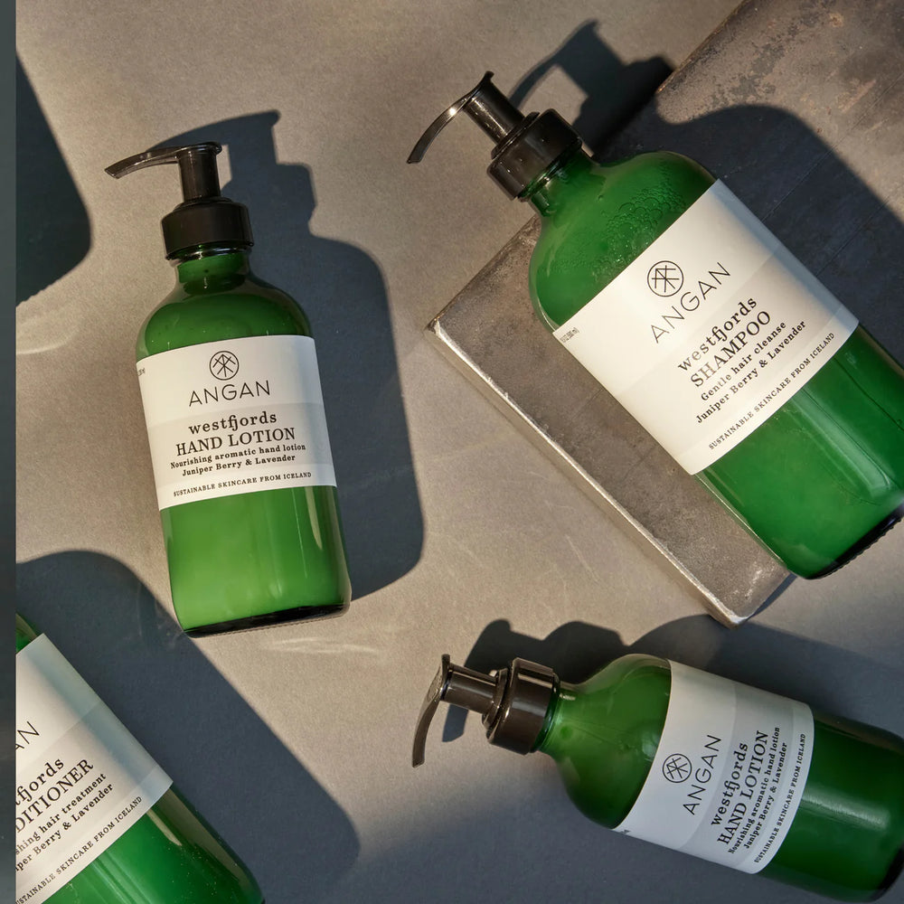 Angan Westfjords Hand Wash bottle with natural ingredients like aloe vera, bilberry extract, and lavender.