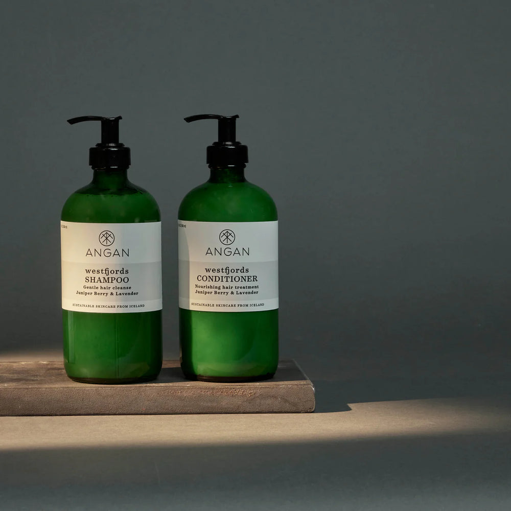 Angan Westfjords Shampoo in a 250ml glass bottle, featuring natural ingredients like aloe vera, hibiscus extract, and plum extract for hydration and volume.