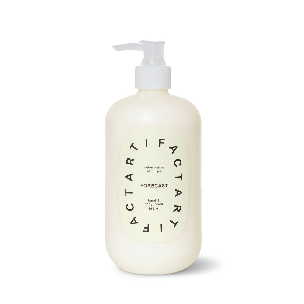 Artifact Forecast Hand & Body Lotion with Sea Kelp, Green Tea, Carrot Tissue Oil, and a calming scent of Vetiver, Petitgrain, and Lavender for firm, nourished skin.