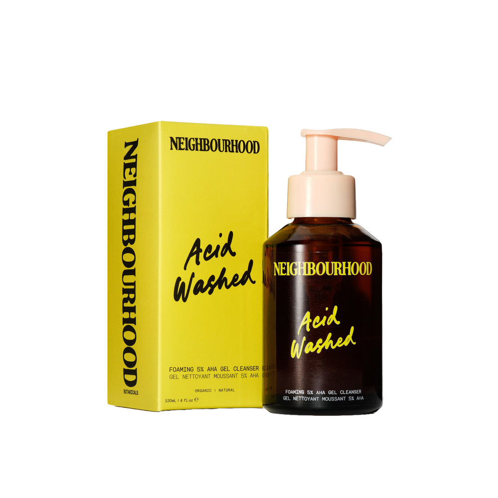 NEIGHBOURHOOD BOTANICALS 'Acid Washed' Foaming 5% AHA Gel Cleanser in an amber glass bottle with pump, featuring a lactic acid formula for a fresh, smooth-looking complexion.