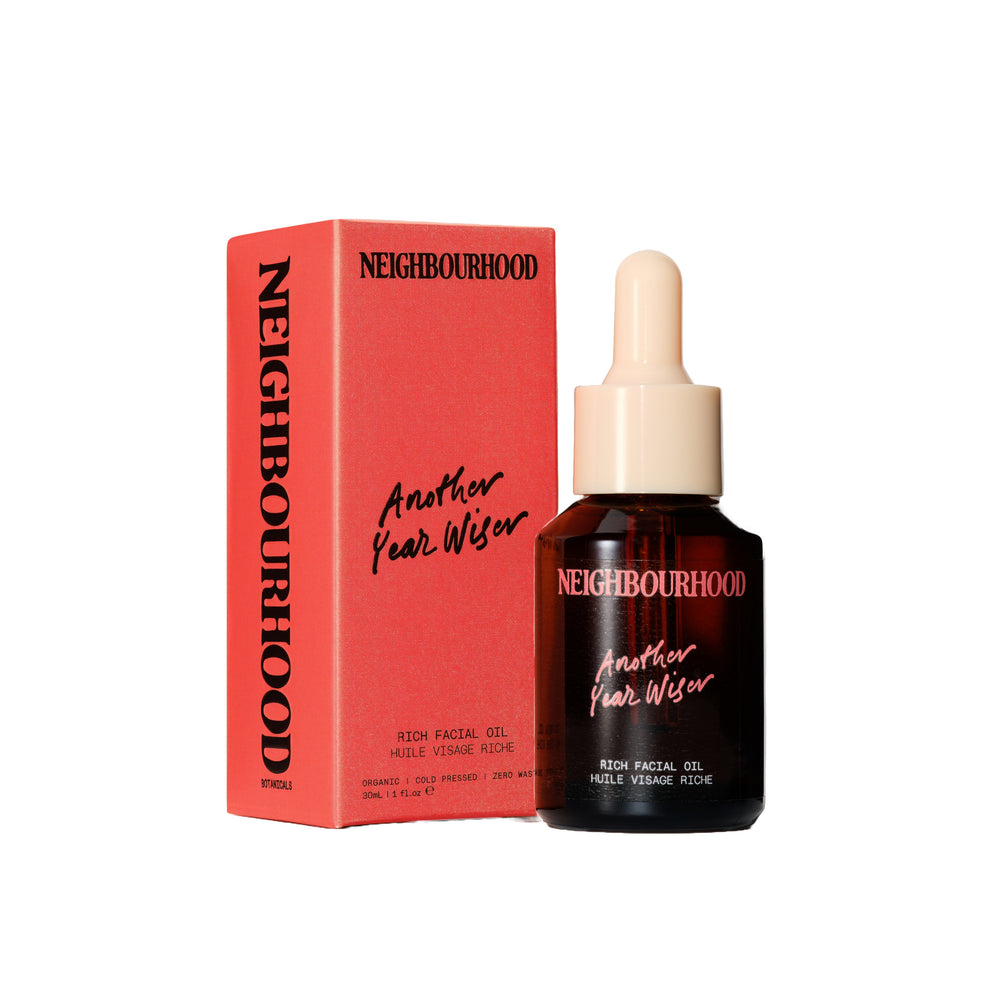 NEIGHBOURHOOD BOTANICALS - Another Year Wiser Rich Facial Oil in amber glass bottle with pipette, designed for dry and mature skin.