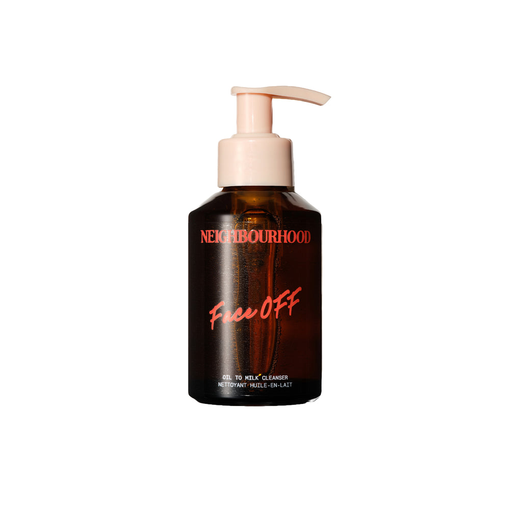 NEIGHBOURHOOD BOTANICALS 'Face OFF' Oil To Milk Cleanser in an amber glass bottle with pump, designed for gentle and effective cleansing.