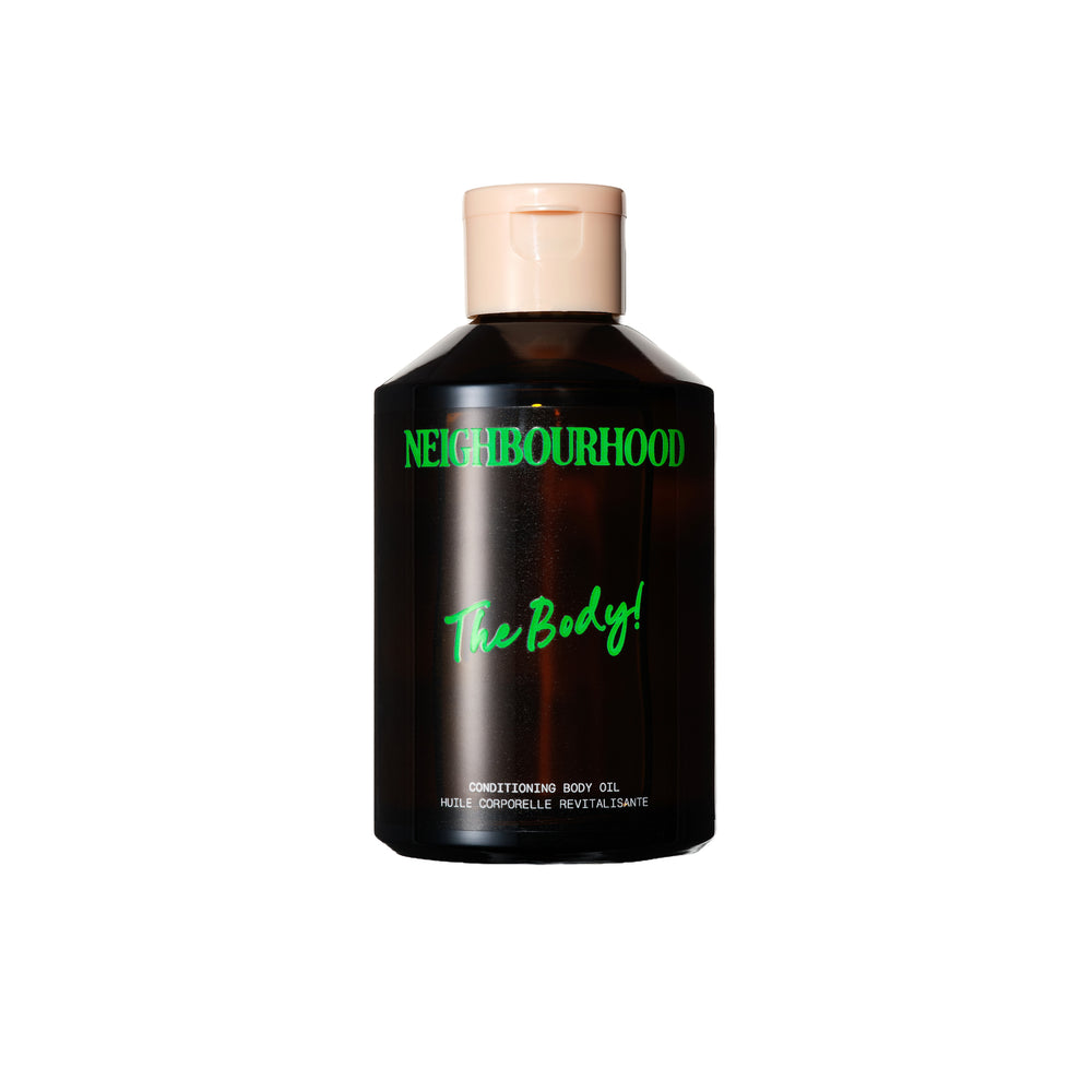 Neighbourhood Botanicals 'The Body!' Conditioning Body Oil in amber glass bottle, 200ml, with flip cap.