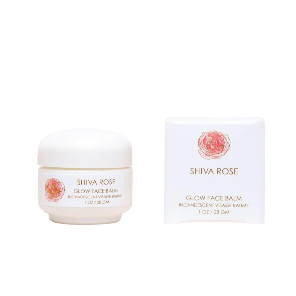 Shiva Rose Glow Face Balm, a hydrating balm featuring nourishing shea butter, coconut oil, and essential oils, in a 28 g jar.