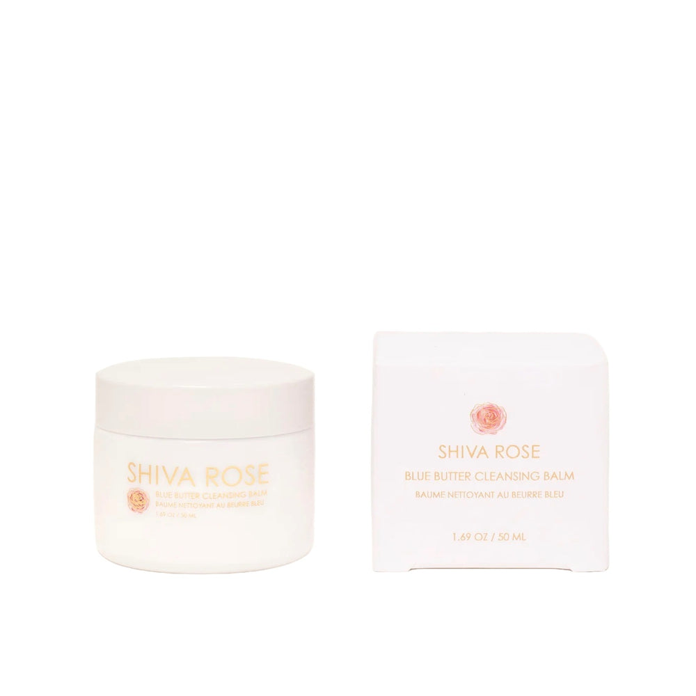 Jar of Shiva Rose Blue Butter Cleansing Balm with a rich, blue balm texture, formulated with sandalwood nut, argan, and jojoba oils.