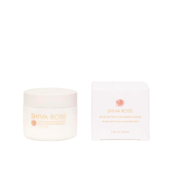 Jar of Shiva Rose Blue Butter Cleansing Balm with a rich, blue balm texture, formulated with sandalwood nut, argan, and jojoba oils.