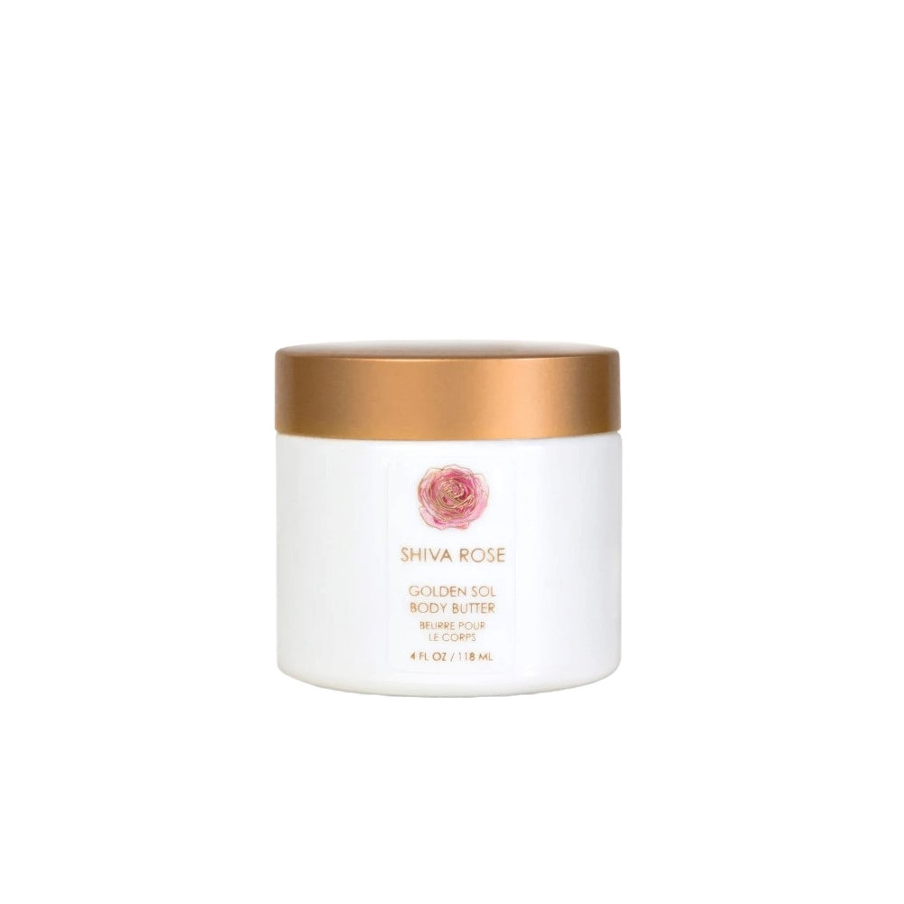 SHIVA ROSE Golden Sol Body Butter in a jar with natural ingredients like organic seabuckthorn and shea butter for deep hydration and nourishment.