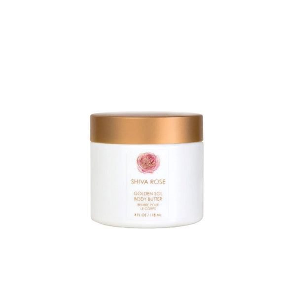 SHIVA ROSE Golden Sol Body Butter in a jar with natural ingredients like organic seabuckthorn and shea butter for deep hydration and nourishment.