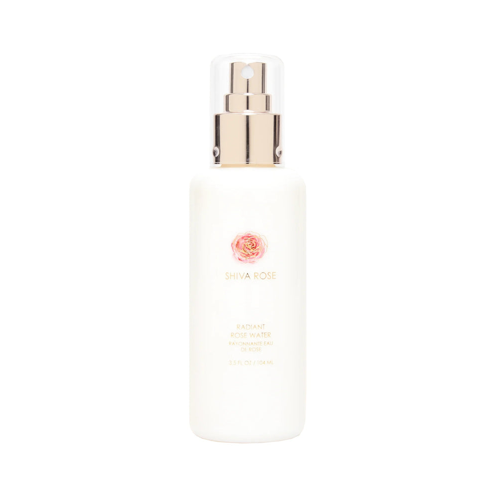 SHIVA ROSE - Radiant Rosewater in a sleek bottle, featuring ingredients like fermented rice water, aloe, and rose, promoting a natural glow and hydration for the skin.