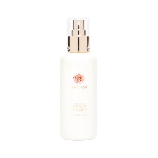 SHIVA ROSE - Radiant Rosewater in a sleek bottle, featuring ingredients like fermented rice water, aloe, and rose, promoting a natural glow and hydration for the skin.