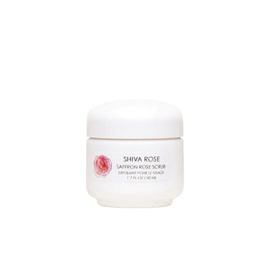 SHIVA ROSE Saffron Rose Facial Scrub with chickpea flour, sandalwood powder, rose, saffron threads, and coconut milk for gentle exfoliation and nourishment.
