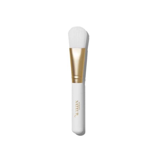 AGENT NATEUR Wooden Vegan Face Mask Brush with white bristles and white wooden and gold handle on white background