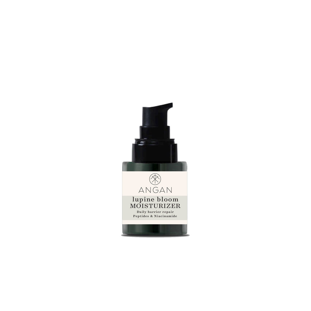 A dark green glass bottle of ANGAN Lupine Bloom Moisturizer with black pump on white background
