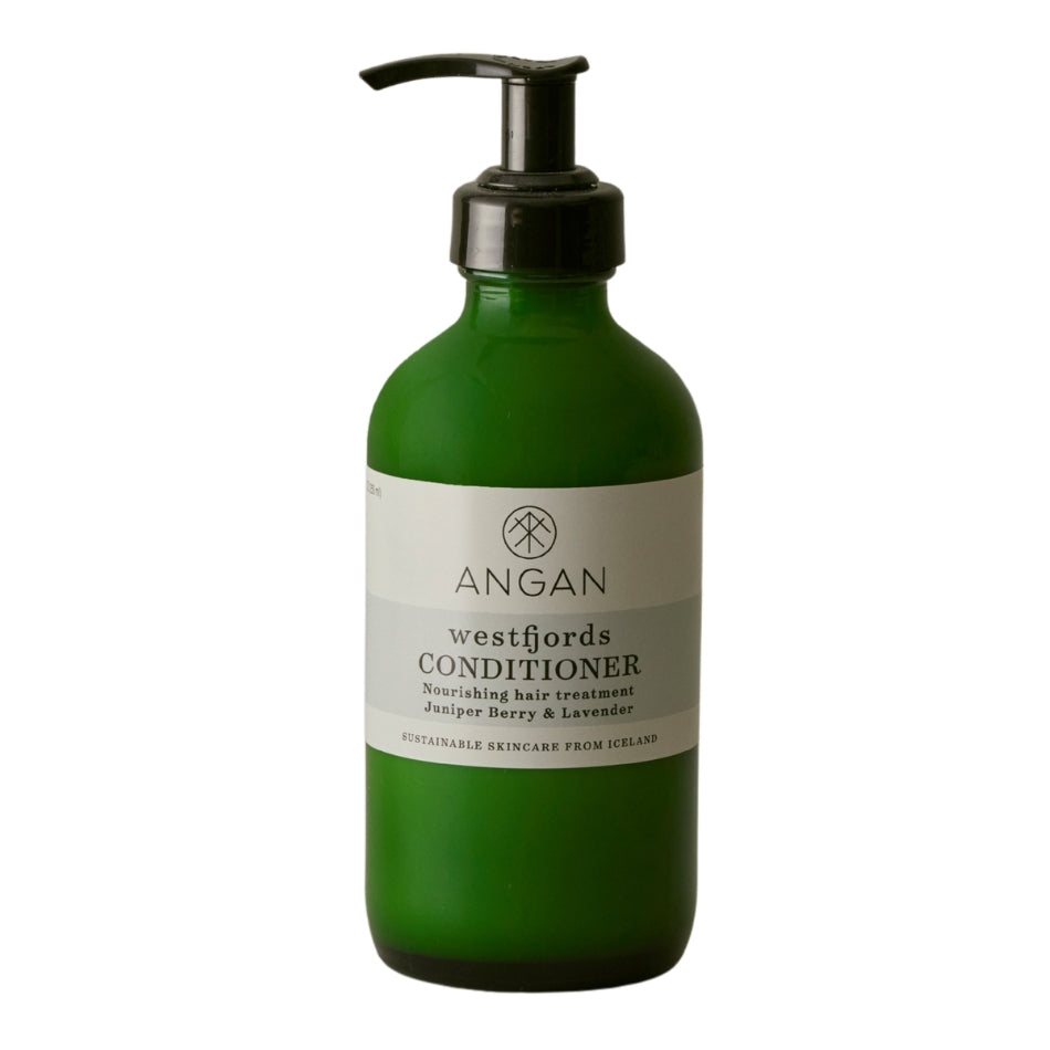 Angan Westfords Conditioner in a dark green pump bottle with a black dispenser and a white label, shown on a plain white background.