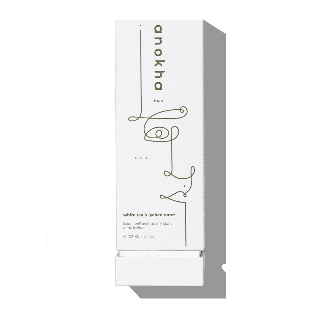 Anokha White Tea & Lychee Toner – a gentle, exfoliating toner with white tea, lychee, and willow bark to refresh and refine the skin for a radiant look.
