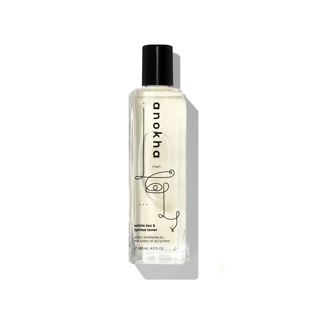Anokha White Tea & Lychee Toner – a gentle, exfoliating toner with white tea, lychee, and willow bark to refresh and refine the skin for a radiant look.