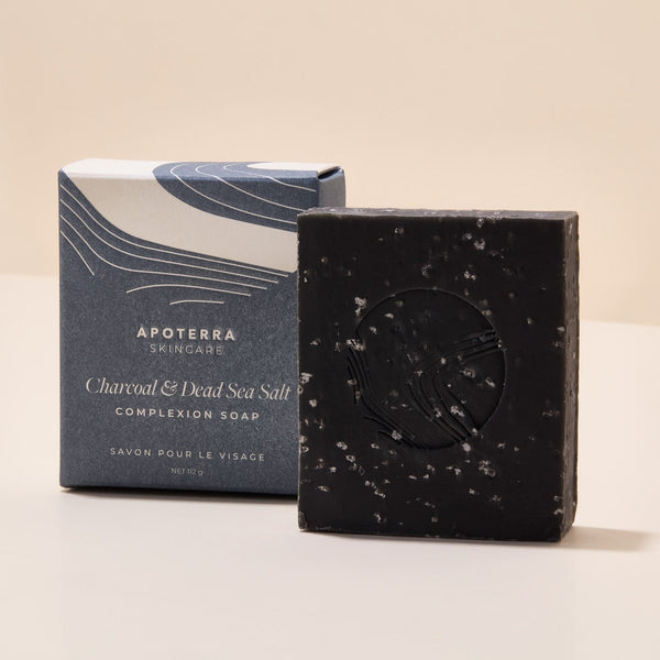 APOTERRA Charcoal and Dead Sea Salt Complexion Soap with activated charcoal, tea tree oil, and mineral-rich Dead Sea salt for a refreshing cleanse.
