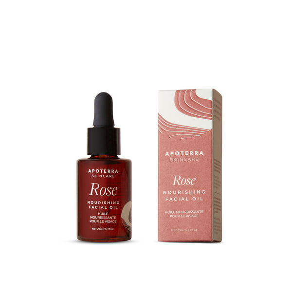 Apoterra Rose Nourishing Facial Oil – antioxidant-rich face oil with rose absolute and CoQ10 for hydrated, radiant-looking skin.