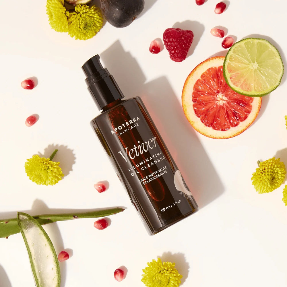 Apoterra Vetiver Illuminating Oil Cleanser bottle with black cumin seed and tamanu oils, transforming into a hydrating milk to cleanse and refresh all skin types.