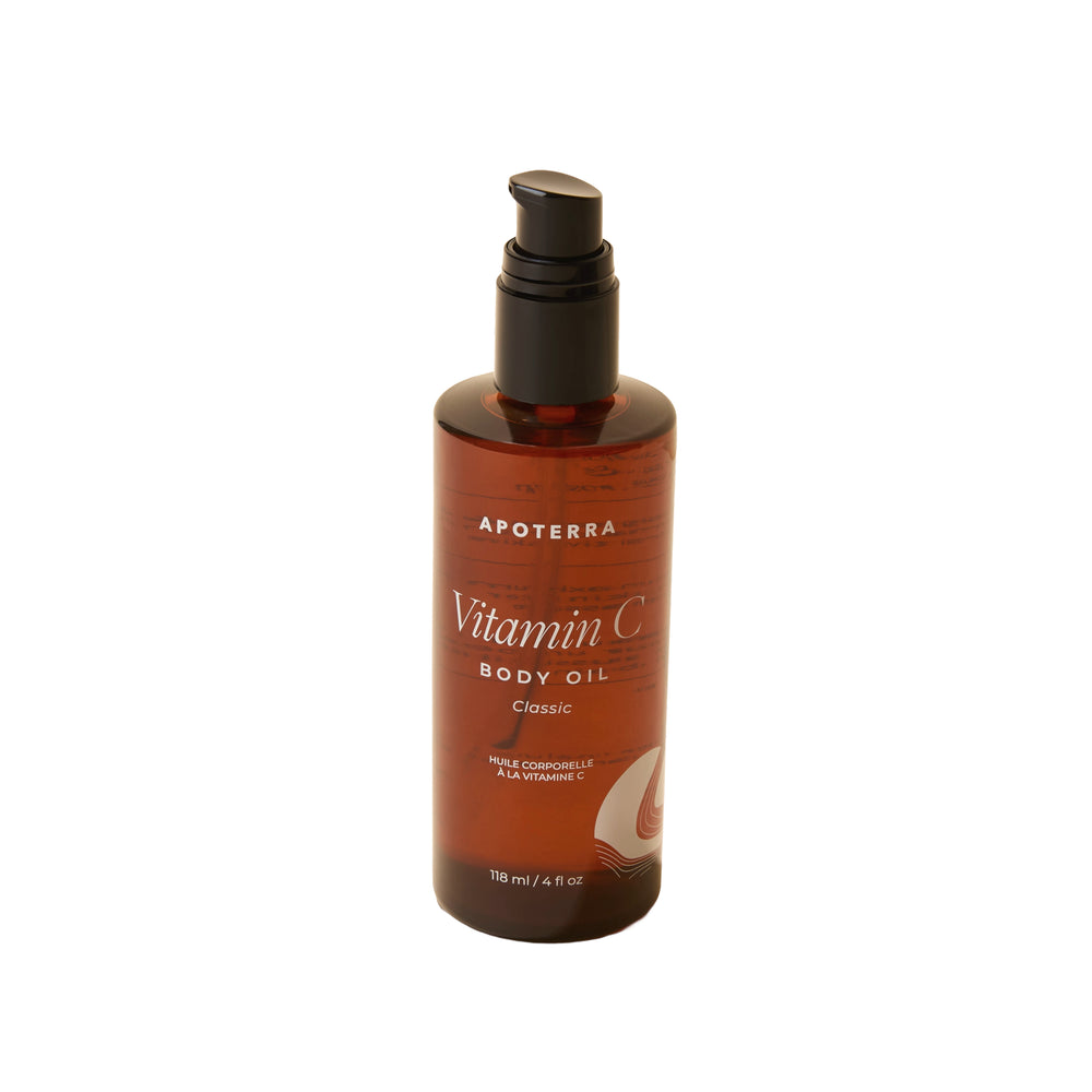 Apoterra Vitamin C Body Oil Classic fragrance-free bottle on white background.