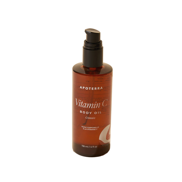 Apoterra Vitamin C Body Oil Classic fragrance-free bottle on white background.
