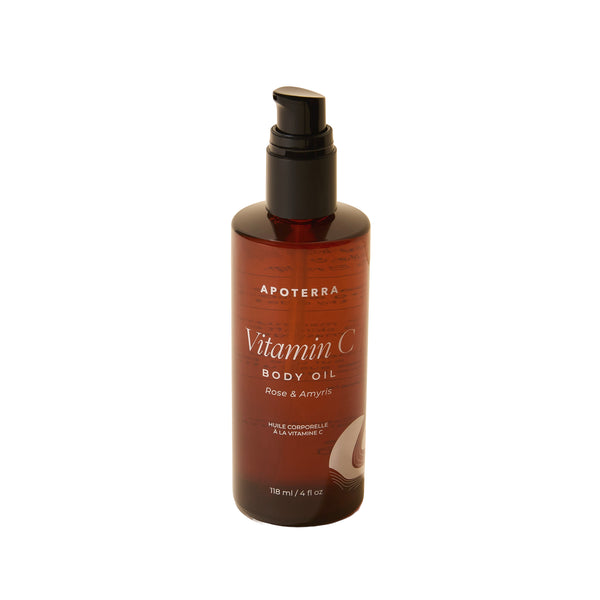 Apoterra Vitamin C Body Oil Rose and Amyris – nourishing body oil with rose, patchouli, and amyris for soft, hydrated skin