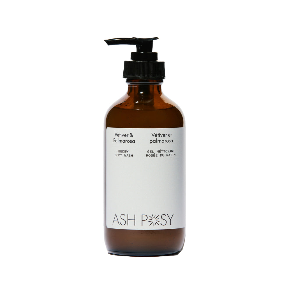 ASH POSY Bedew Body Wash bottle – Vetiver & Palmarosa – 250ml natural, eco-friendly body cleanser with organic essential oils