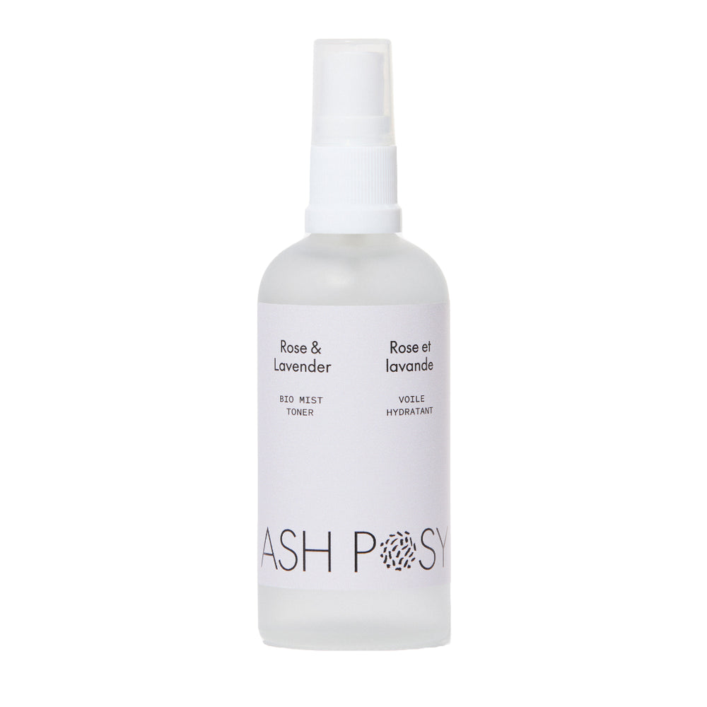 ASH POSY Rose & Lavender Bio Mist Toner – 100ml facial mist in a glass spray bottle, featuring organic rose and lavender hydrosols for a refreshing botanical experience.
