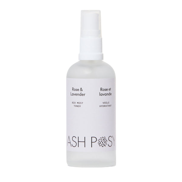 ASH POSY Rose & Lavender Bio Mist Toner – 100ml facial mist in a glass spray bottle, featuring organic rose and lavender hydrosols for a refreshing botanical experience.