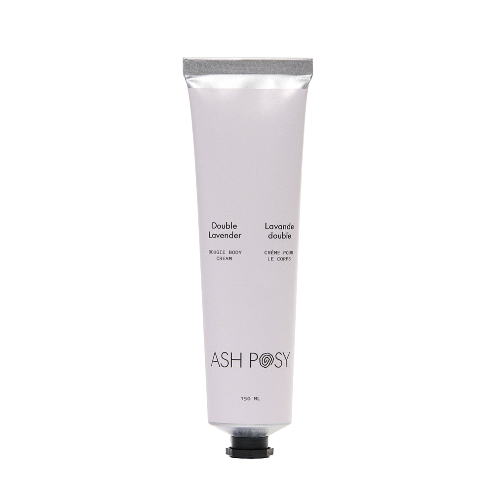ASH POSY Bougie Body Cream Double Lavender in tube with natural ingredients on white background