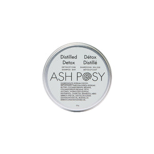 ASH POSY Distilled Detox Shampoo Bar – a solid shampoo bar in a reusable tin, made with bamboo charcoal and organic botanicals for gentle, detoxifying hair care.
