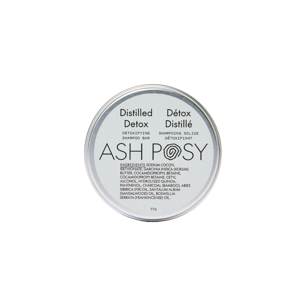 ASH POSY Distilled Detox Shampoo Bar – a solid shampoo bar in a reusable tin, made with bamboo charcoal and organic botanicals for gentle, detoxifying hair care.