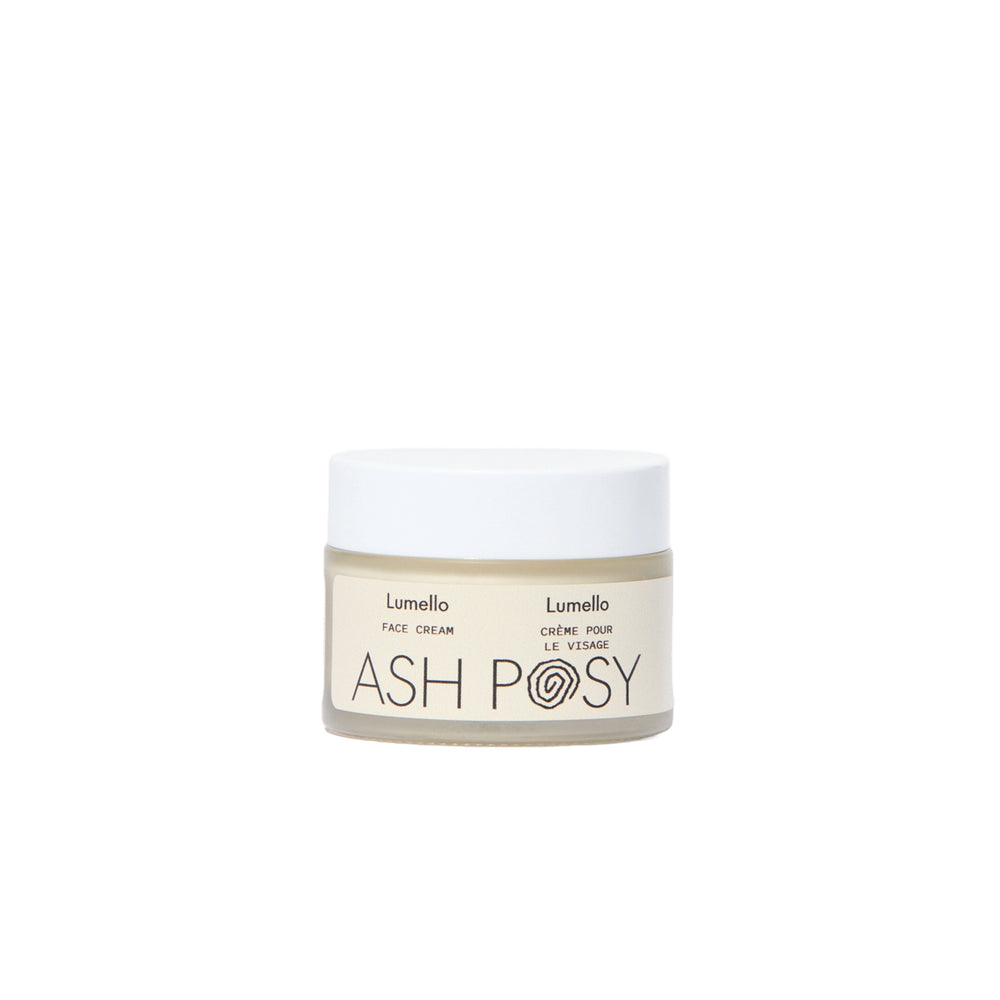 ASH POSY Lumello Face Crème in glass jar, nourishing botanical moisturizer with aloe, peony extract, and plant oils