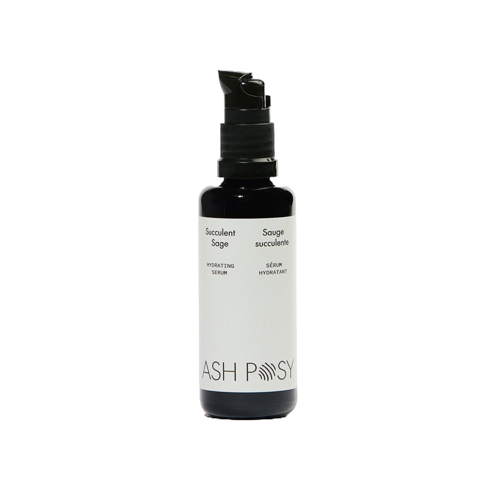 ASH POSY Succulent Sage Hydrating Serum in a violet glass bottle, an aloe-based facial serum with hyaluronic acid and sage extract for lightweight hydration.