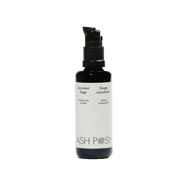 ASH POSY Succulent Sage Hydrating Serum in a violet glass bottle, an aloe-based facial serum with hyaluronic acid and sage extract for lightweight hydration.