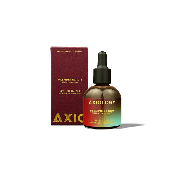 Axiology Calming Serum bottle and packaging on a white background