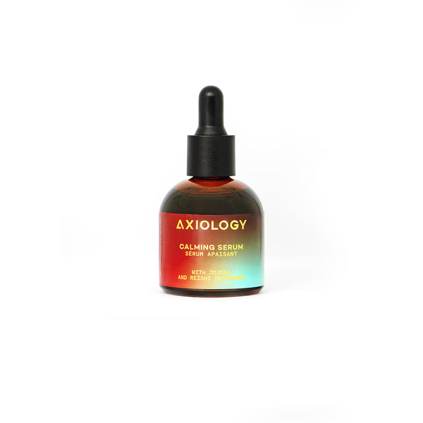 Axiology calming serum bottle on a white background