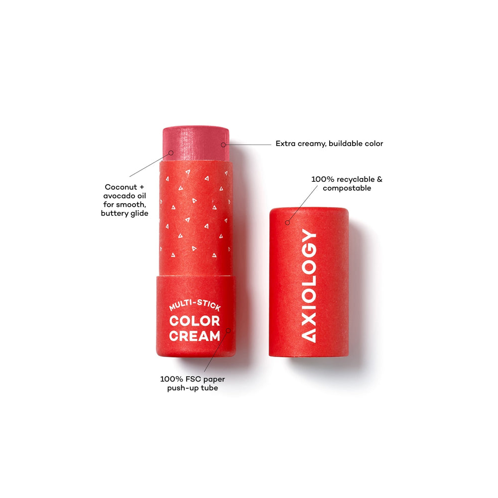 AXIOLOGY Multi-Stick Color Cream in Attitude, a vibrant fuchsia pink vegan cream makeup stick in plastic-free paper packaging in red color on white background