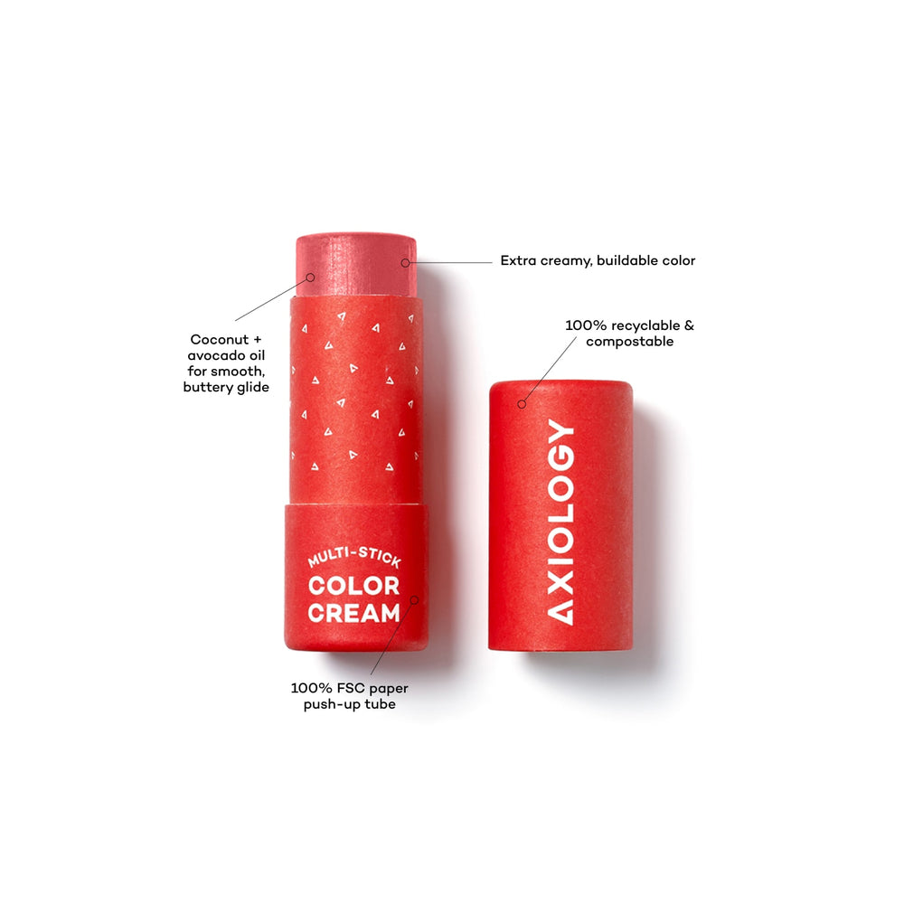 AXIOLOGY Multi-Stick Color Cream in Identity, bold hibiscus pink, multi-use cream stick for lips, cheeks, and eyes, vegan and plastic-free