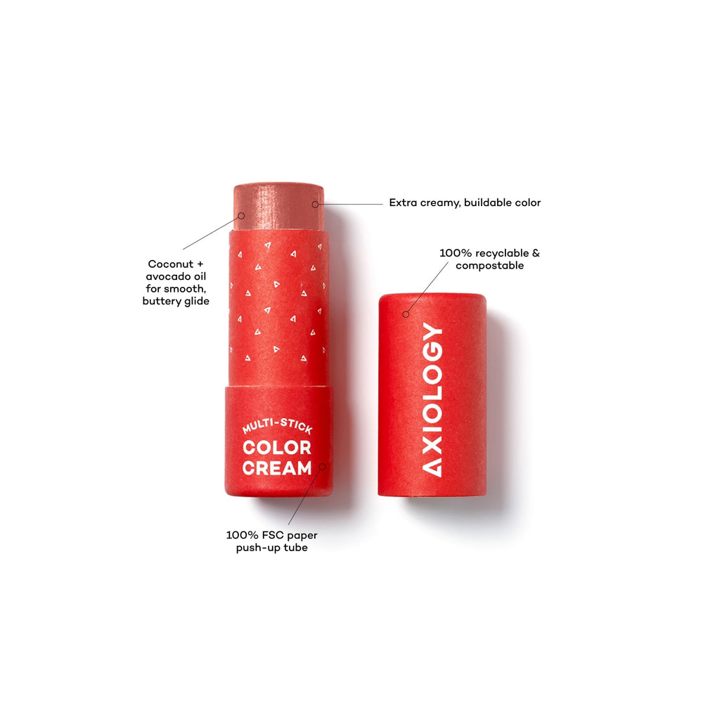 AXIOLOGY Multi-Stick Color Cream in Loyalty, delicate dusty rose with soft pink finish, multi-use cream stick for lips, cheeks, and eyes, vegan and plastic-free