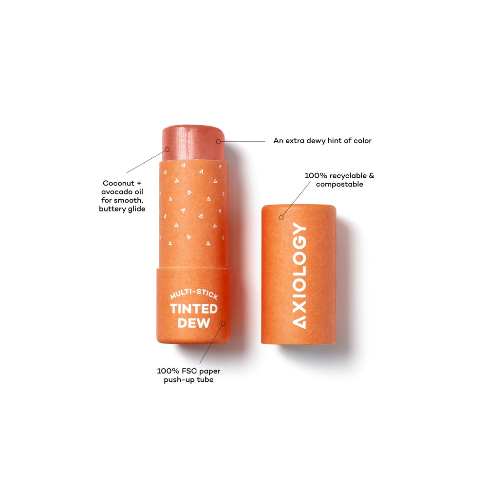 AXIOLOGY Tinted Dew Multi-Stick in Radiance, sheer coral shade with warm glow for lips, cheeks, and eyes, vegan plastic-free makeup