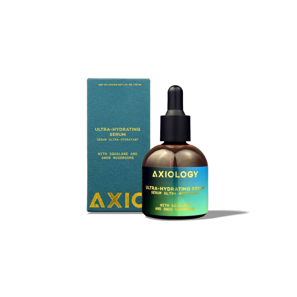Axiology ultra-hydrating serum bottle on a white background